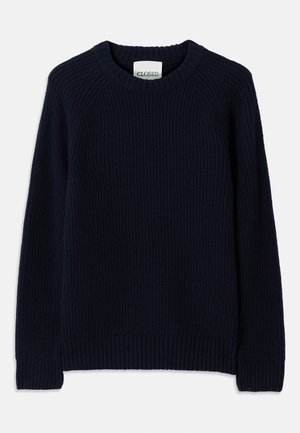 Marineblauer, gerippter Strickpullover mit Rundhalsausschnitt und langen Ärmeln. Verfügt über einen geraden Saum und ein strukturiertes Muster auf der gesamten Oberfläche.