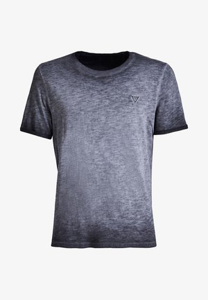 Graues T-Shirt mit kurzen Ärmeln und Rundhalsausschnitt, strukturiertem Finish, schwarzem Besatz am Halsausschnitt und einem kleinen dreieckigen Logo auf der Brust.