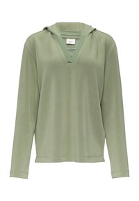 Lichtgroene pullover met een capuchon, V-hals, lange mouwen, gemaakt van zachte stof met een gladde textuur en een minimalistisch ontwerp.