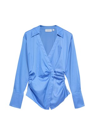 Blue long-sleeve wrap blouse with wide cuffs, pointed collar, and gathered sides, made of smooth fabric.