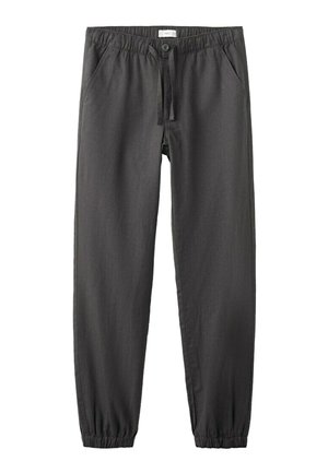 Dark gray casual pants with elastic waistband, button and drawstring closure, side pockets, and elastic cuffs at ankles.
