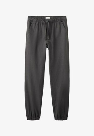 Dark gray casual pants with elastic waistband, button and drawstring closure, side pockets, and elastic cuffs at ankles.