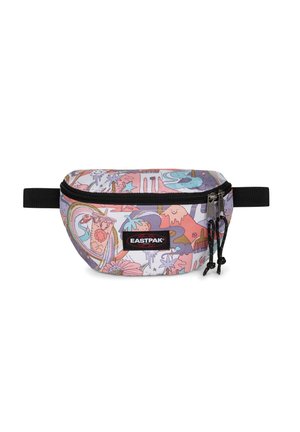 Kolorowa nerka Eastpak z abstrakcyjnymi pastelowymi wzorami, czarnym regulowanym paskiem i podwójnym zamkiem błyskawicznym z przodu na środku.