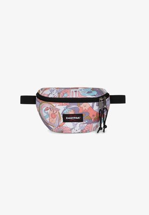 Farverig Eastpak hoftepose med abstrakte pastelmønstre, sort justerbar rem og dobbelt lynlåslukning foran i midten.