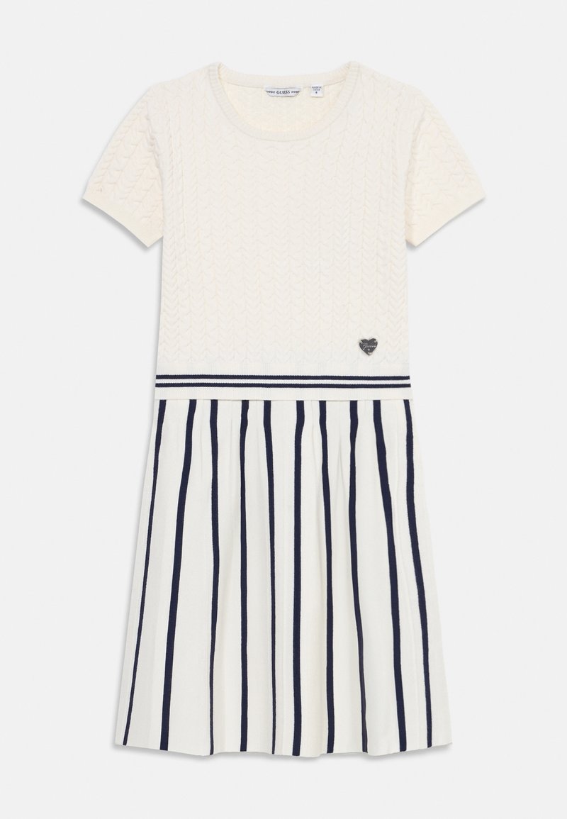 Sukienka dzianinowa w kolorze kremowym, z krótkimi rękawami, teksturowanym górnym partem, spódnicą w paski w kolorze granatowo-białym oraz małym logo w kształcie serca na talii.