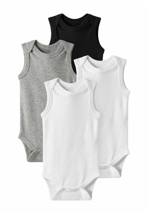 Tre ärmlösa bodysuits i grått, svart och vitt, med mjukt bomullsmaterial, rundade halslinningar och tryckknappar i botten.