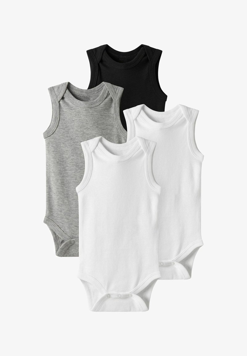 Trys be rankovių bodysuit'ai pilkos, juodos ir baltos spalvų, pagaminti iš švelnios medvilnės, turi apvalius iškirpimus ir spaudimo užsegimus apačioje.