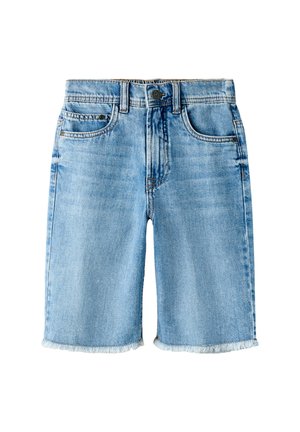 Light blue denim shorts with frayed hems, front pockets, belt loops, and a front button and zipper closure.