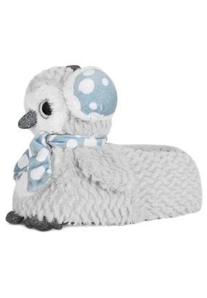 Chausson en peluche gris en forme d'oiseau, avec un corps texturé, des accents à pois bleus et une écharpe douce autour du cou.