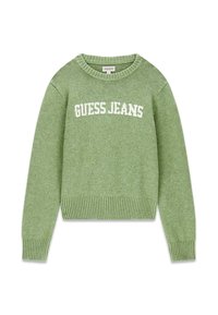 Maglione verde lavorato a maglia con scollo rotondo. Presenta polsini e orlo a coste, e il logo "GUESS JEANS" in bianco a contrasto sul davanti.