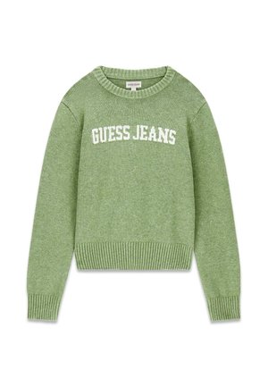 Green knitted sweater with a crew neck. Features ribbed cuffs and hem, and "GUESS JEANS" logo in contrasting white on the front.