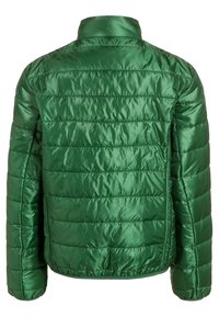 Grøn pufjakke lavet af skinnende nylon. Har en opretstående krave, vandret baffles og elastiske manchetter. Glat tekstur og tætsiddende design.