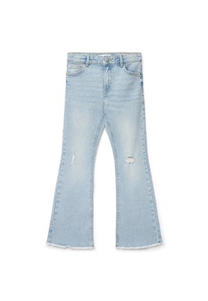 Jeans in denim azzurro chiaro con leggera usura, gambe a zampa, bottone e cerniera davanti e design a cinque tasche.