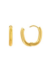 Goldene Creolen mit einem glatten, abgerundeten Design. Eine Ohrringe zeigt einen leichten Bruch und verfügt über einen Hakenverschluss. Geeignet für verschiedene Anlässe.