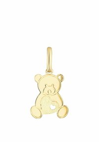 Ciondolo a forma di orsacchiotto in oro con un dettaglio a cuore texture e un piccolo cuore intagliato, caratterizzato da bordi lisci e lucidi e un anello per il fissaggio.