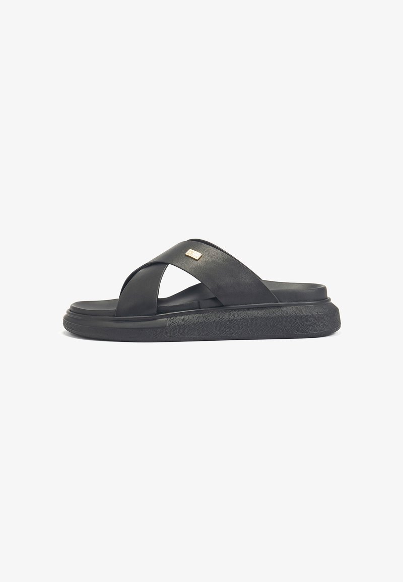 Black slide sandal featuring a cross-strap design, smooth synthetic material, a textured rubber sole, and a gold accent plate.