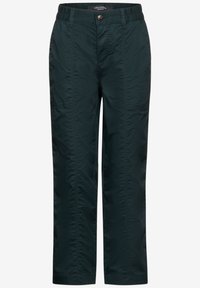 Byxor i mörkgrön färg, tillverkade av lätt material. Har en elastisk midja, rak benform och en subtil strukturerad yta.