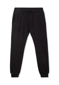 Pantaloni da jogging neri realizzati in morbido tessuto, con una cintura elastica dotata di cordino e tasche laterali. Polsini alle caviglie.