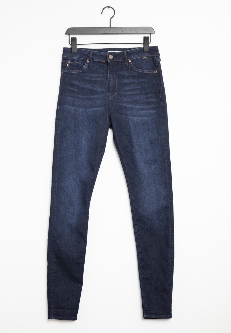 Dark blue skinny jeans hanging on a black hanger. Features include a classic five-pocket design and a smooth textured denim fabric.