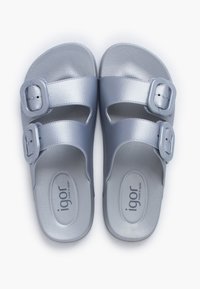 Silver sandals with two adjustable straps, featuring buckle accents, a textured footbed, and a smooth surface. Marked "igor, made in Spain."