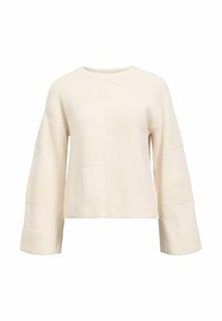 Suéter de punto crema con un patrón de cuadros texturizado, mangas acampanadas anchas y un cuello redondo. La tela tiene una apariencia suave y acogedora.