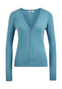 V-ringad teal kofta med långa ärmar, ribbade muddar och fåll samt sex matchande knappar framtill. Mjuk, slät stickad textur.