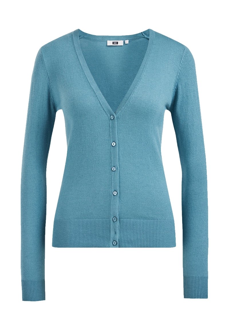 V-ringad teal kofta med långa ärmar, ribbade muddar och fåll samt sex matchande knappar framtill. Mjuk, slät stickad textur.