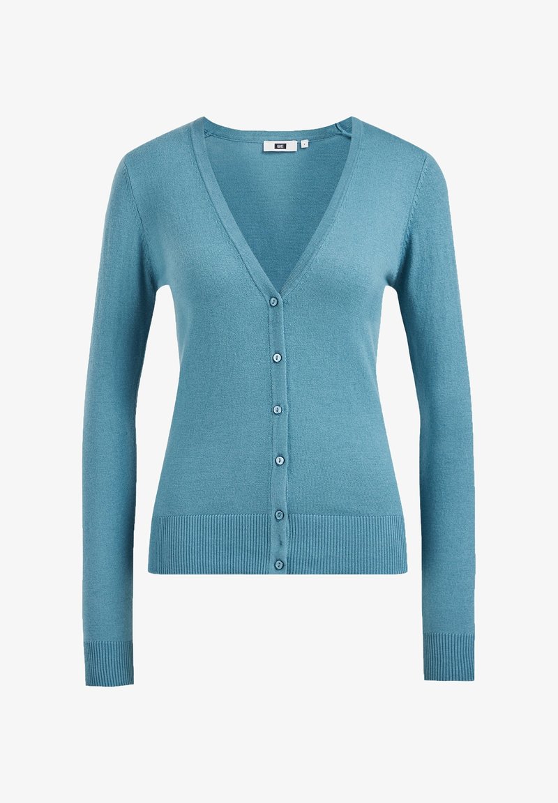 V-ringad teal kofta med långa ärmar, ribbade muddar och fåll samt sex matchande knappar framtill. Mjuk, slät stickad textur.