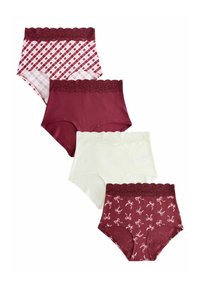 Set med fyra par damunderkläder i olika färger. Har en burgundyröd spetsmidja, blommönster och en rutigt mönster i rött och vitt.