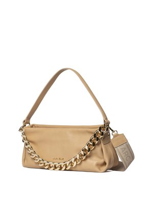 Beige leather handbag with gold chain detail and fabric strap, rectangular shape, soft texture, and "Marc Ellis" logo on front.