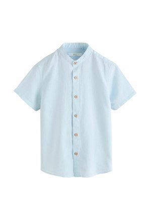 Light blue short-sleeve shirt with a mandarin collar and six brown buttons down the front.
