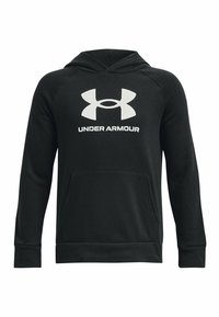 Zwarte hoodie met een trekkoordkap, een voorzak en een wit "Under Armour" logo. Gemaakt van zacht, gewoven stof met geribbelde manchetten.