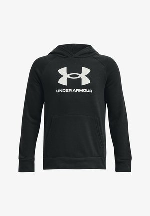 Črna kapuca s strižnim pokrivalom, sprednjim žepom in belim logotipom "Under Armour". Narejena iz mehke, teksturirane tkanine z rebrastimi manšetami.