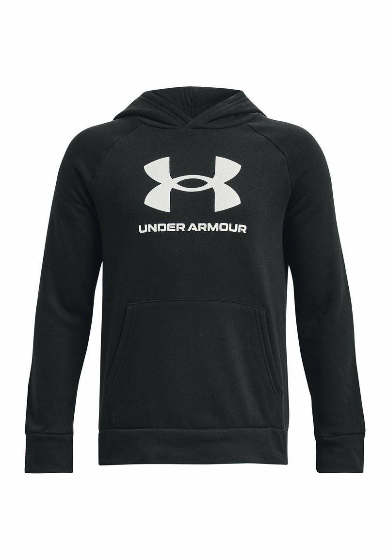 Felpa nera con cappuccio regolabile, tasca frontale e logo "Under Armour" bianco. Realizzata in tessuto morbido e rifinita con polsini a costine.