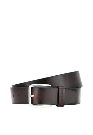 Dark brown leather belt with silver rectangular buckle and multiple adjustment holes, rolled with branded leather loop detail.
