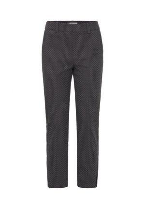 Tmavě šedé kalhoty s jemným kruhovým vzorem, lehká látka, úzký střih a rovné nohavice se středně vysokým pasem.