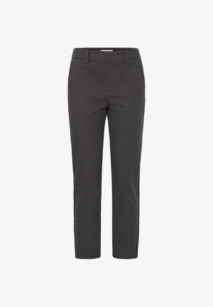 Tmavě šedé kalhoty s jemným kruhovým vzorem, lehká látka, úzký střih a rovné nohavice se středně vysokým pasem.