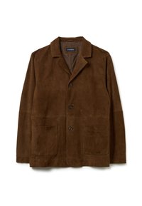 Giacca in suede marrone con colletto a revers, chiusura frontale a bottoni e due ampie tasche a toppa. Tessuto morbido con una fodera interna liscia.