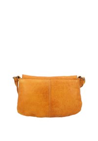 Læder skuldertaske i klar orange, blød tekstur, rund form, med lynlåslukning og justerbar rem.