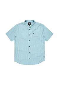 Korte mouwen shirt in lichtblauw met een geometrisch patroon, knopen aan de voorkant en een kraag. Bevat een klein logo op de linkerkant van de borst.