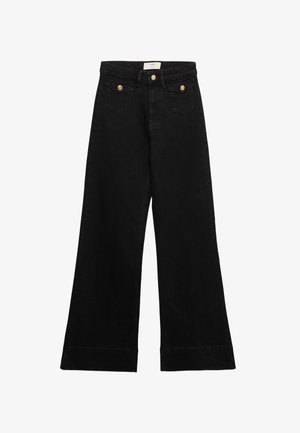 Jeans neri a vita alta con gamba larga, tasche con patta frontali e bottoni dorati, mostrati distesi su uno sfondo bianco.