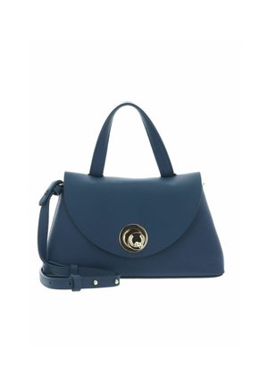 Petit sac à main en cuir marine avec poignée supérieure, bandoulière amovible et fermoir circulaire doré sur le rabat avant.