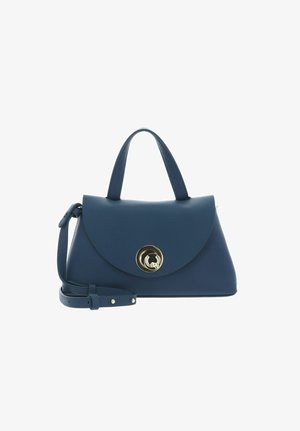 Petit sac à main en cuir marine avec poignée supérieure, bandoulière amovible et fermoir circulaire doré sur le rabat avant.