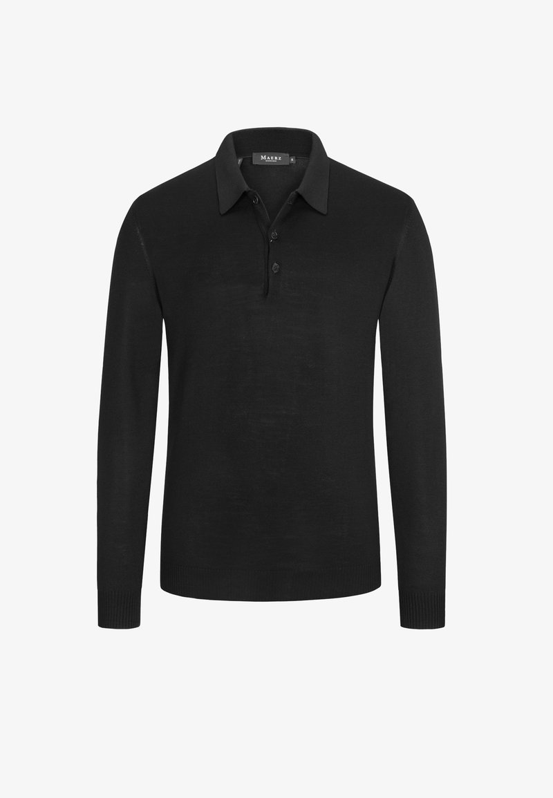 Sort langærmet polo-shirt lavet af glat stof, med krave, tre-knaps lukning og ribbede manchetter. Enkel design uden mønstre.