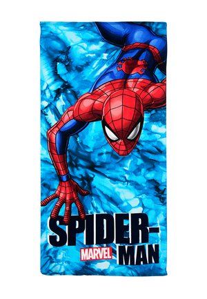 Spider-Man in red and blue costume climbing on a blue textured background with bold "SPIDER-MAN" and Marvel logos.