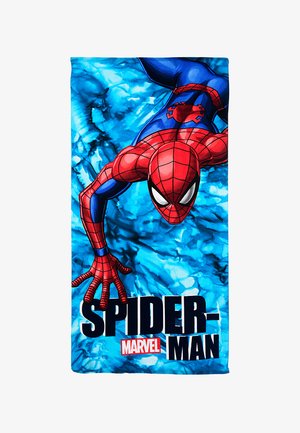 Spider-Man w czerwono-niebieskim kostiumie wspina się na niebieskim teksturowanym tle z wyrazistymi logo „SPIDER-MAN” i Marvel.
