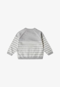 Helle graue Strickjacke mit horizontalen weißen Streifen, gerippten Bündchen und einem runden Halsausschnitt mit nahtlosem Schulterdesign.