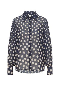 Marineblaue transparente Bluse mit Knopfleiste, klassischem Kragen und weißen Punkten. Sie hat lange Ärmel mit geknöpften Manschetten.