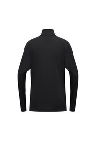 Chemise noire à manches longues avec un col montant, fabriquée dans un tissu lisse et léger. Présente un design simple sans logos ni motifs visibles.