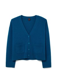 Cardigan de punto en verde azulado con escote en V, diseño corto, cierre de botones y dos bolsillos frontales. Los puños y el dobladillo acanalados aportan textura.